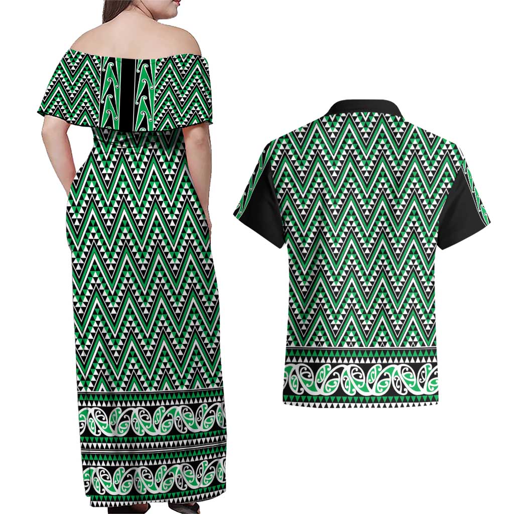 New Zealand Maori Niho Taniwha Couples Matching Off Shoulder Maxi Dress and Hawaiian Shirt Kakariki Mangopare and Puhoro Pattern