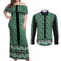 New Zealand Maori Niho Taniwha Couples Matching Off Shoulder Maxi Dress and Long Sleeve Button Shirt Kakariki Mangopare and Puhoro Pattern