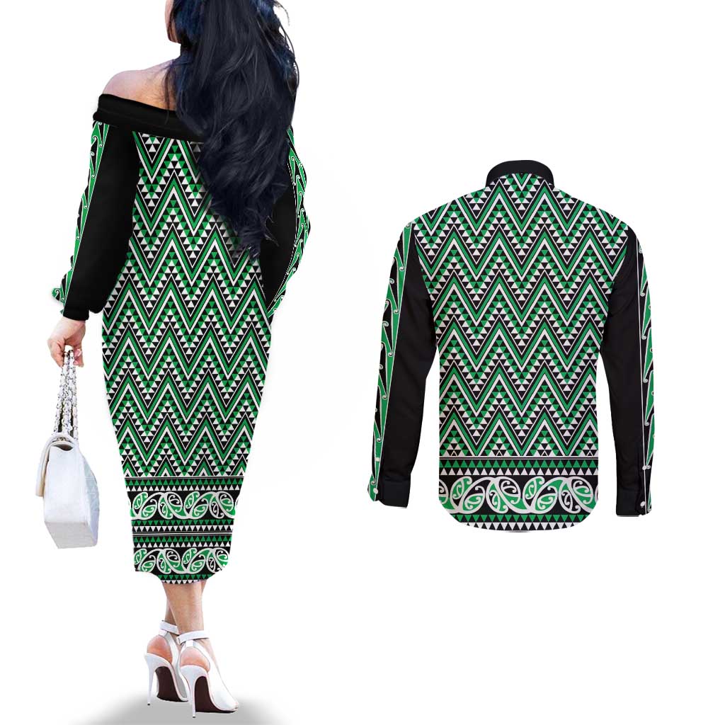 New Zealand Maori Niho Taniwha Couples Matching Off The Shoulder Long Sleeve Dress and Long Sleeve Button Shirt Kakariki Mangopare and Puhoro Pattern