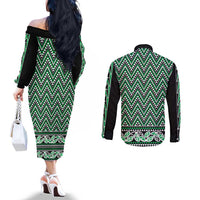 New Zealand Maori Niho Taniwha Couples Matching Off The Shoulder Long Sleeve Dress and Long Sleeve Button Shirt Kakariki Mangopare and Puhoro Pattern