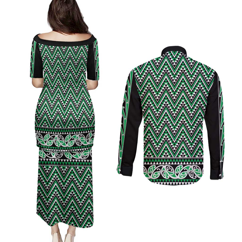 New Zealand Maori Niho Taniwha Couples Matching Puletasi and Long Sleeve Button Shirt Kakariki Mangopare and Puhoro Pattern