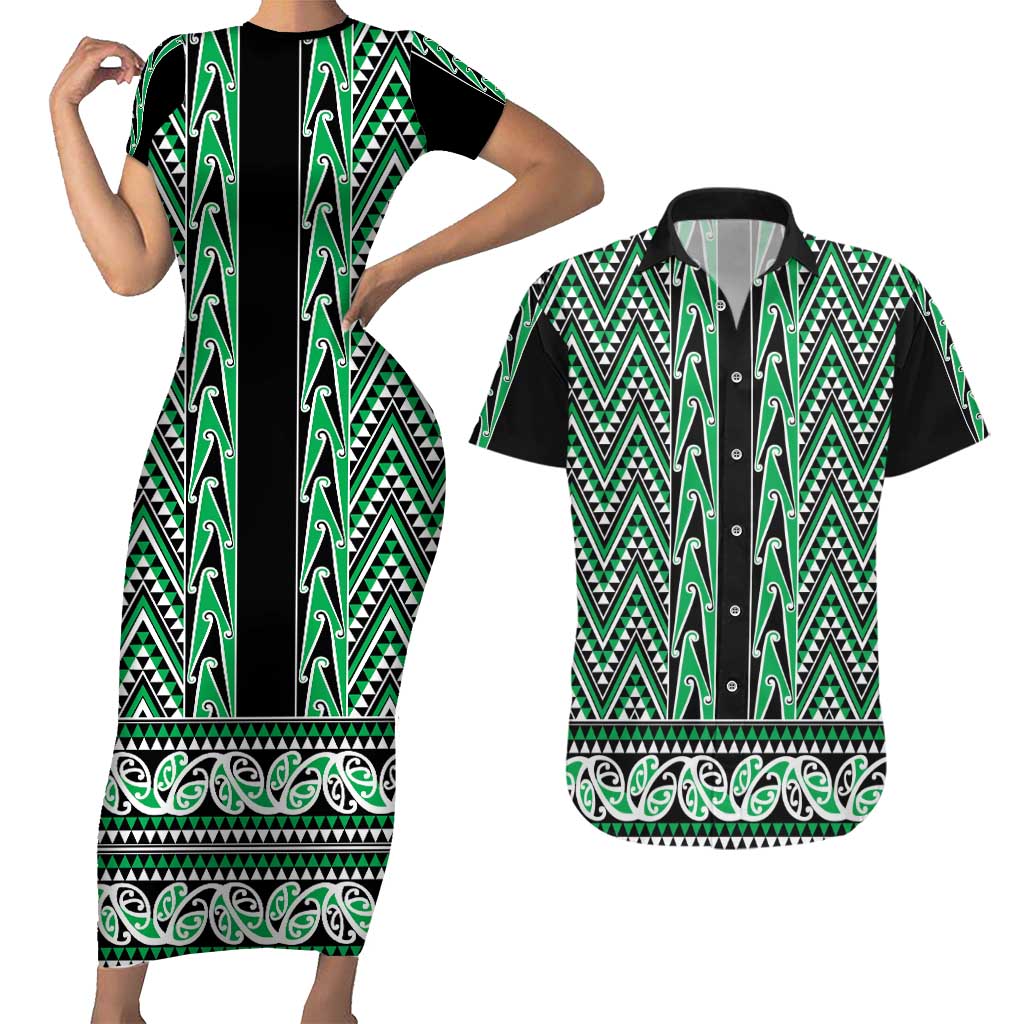 New Zealand Maori Niho Taniwha Couples Matching Short Sleeve Bodycon Dress and Hawaiian Shirt Kakariki Mangopare and Puhoro Pattern