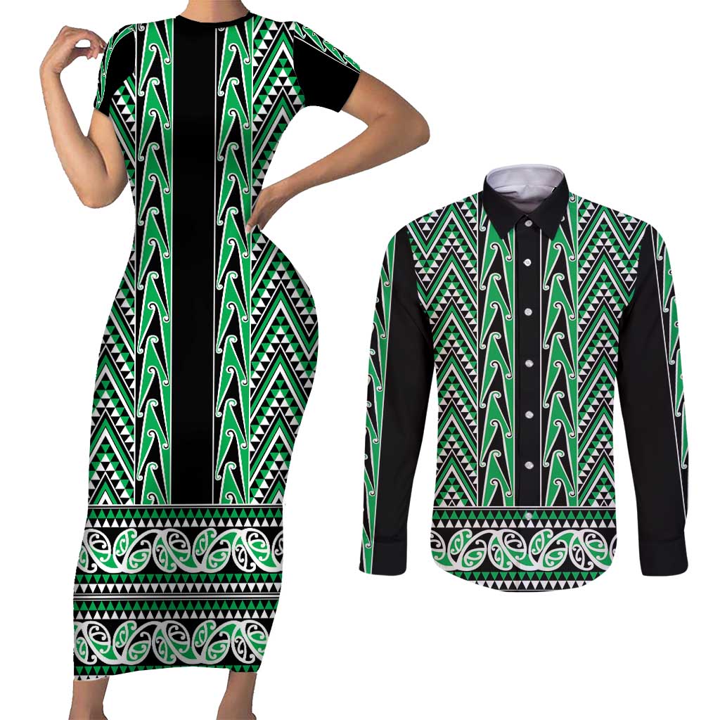 New Zealand Maori Niho Taniwha Couples Matching Short Sleeve Bodycon Dress and Long Sleeve Button Shirt Kakariki Mangopare and Puhoro Pattern