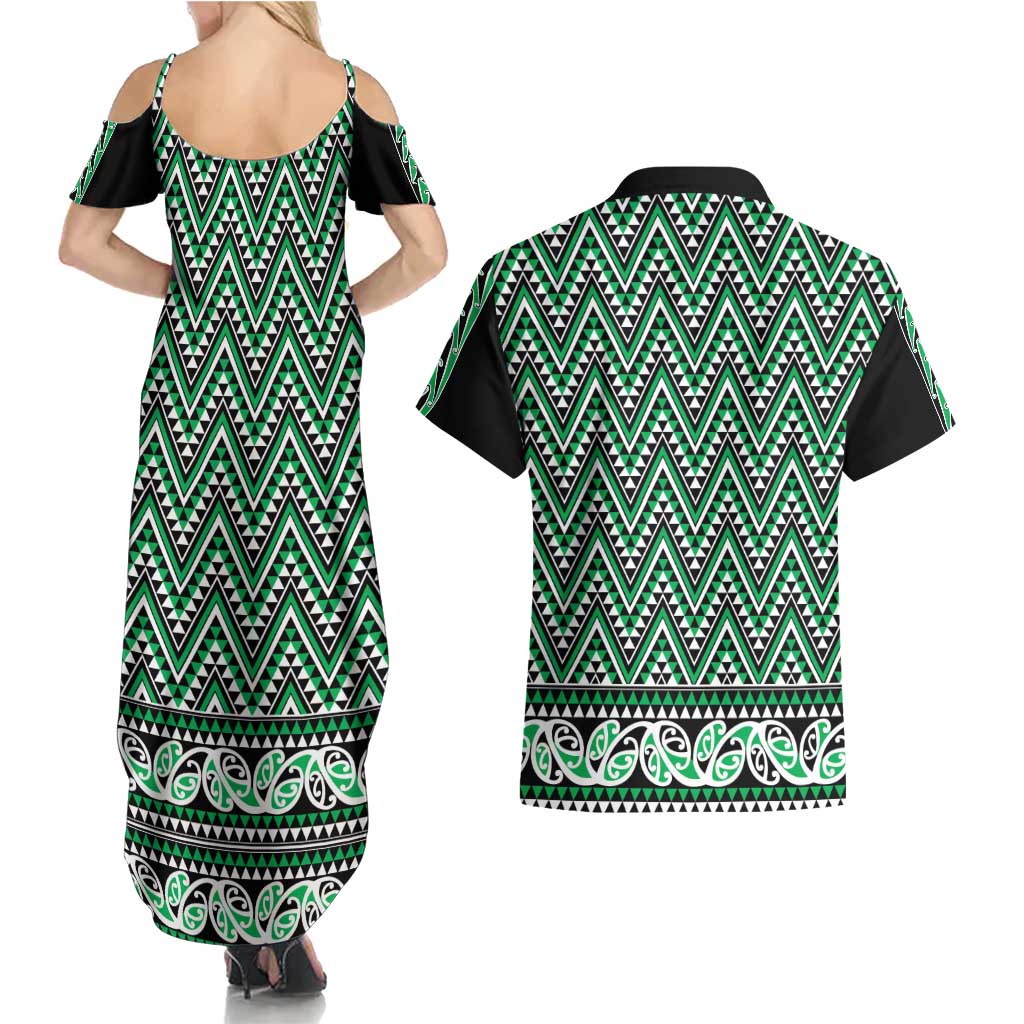 New Zealand Maori Niho Taniwha Couples Matching Summer Maxi Dress and Hawaiian Shirt Kakariki Mangopare and Puhoro Pattern
