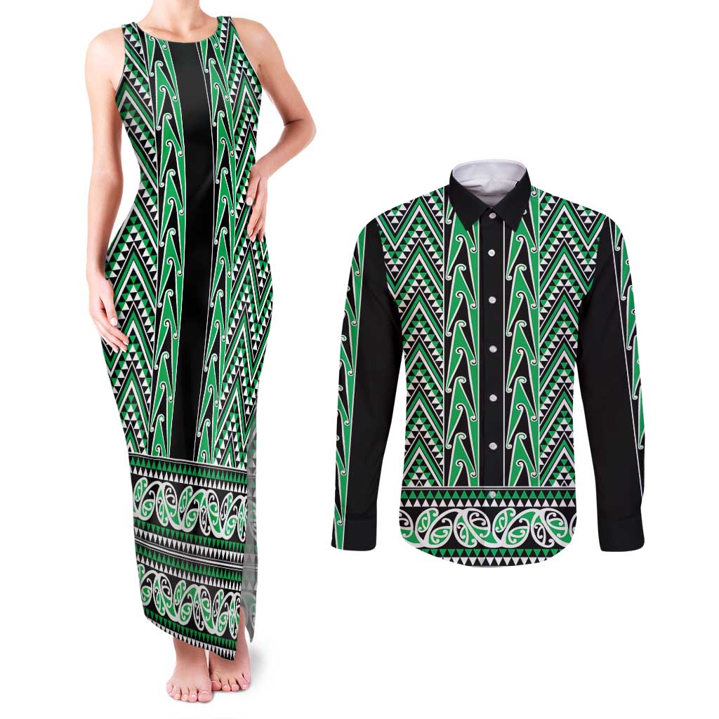 New Zealand Maori Niho Taniwha Couples Matching Tank Maxi Dress and Long Sleeve Button Shirt Kakariki Mangopare and Puhoro Pattern