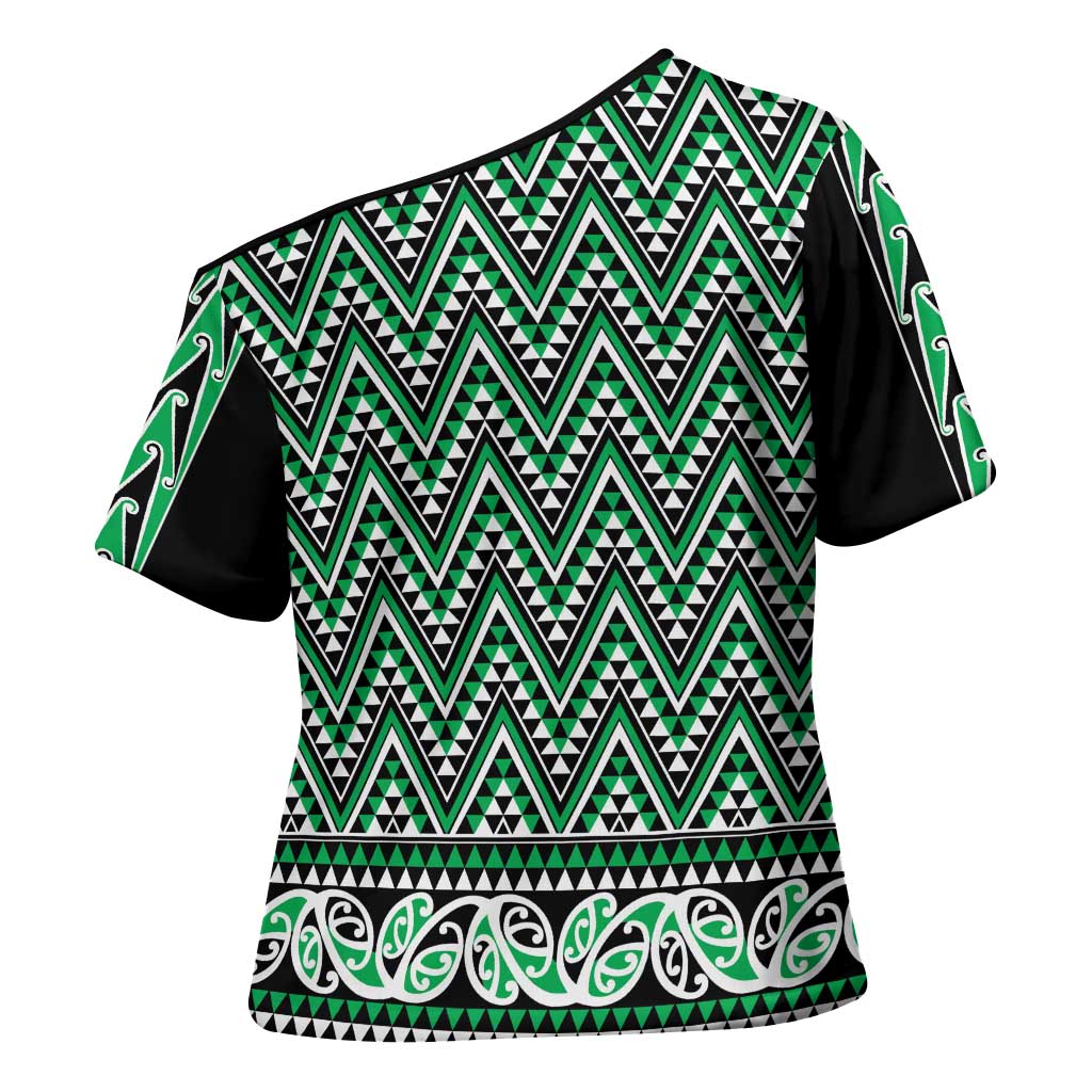 New Zealand Maori Niho Taniwha Cross Shoulder Shirt Kakariki Mangopare and Puhoro Pattern - Polynesian Pride