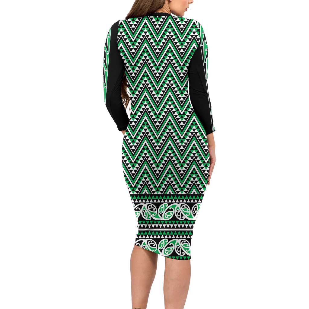 New Zealand Maori Niho Taniwha Family Matching Long Sleeve Bodycon Dress and Hawaiian Shirt Kakariki Mangopare and Puhoro Pattern