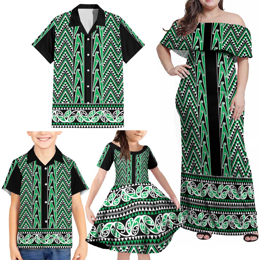 New Zealand Maori Niho Taniwha Family Matching Off Shoulder Maxi Dress and Hawaiian Shirt Kakariki Mangopare and Puhoro Pattern