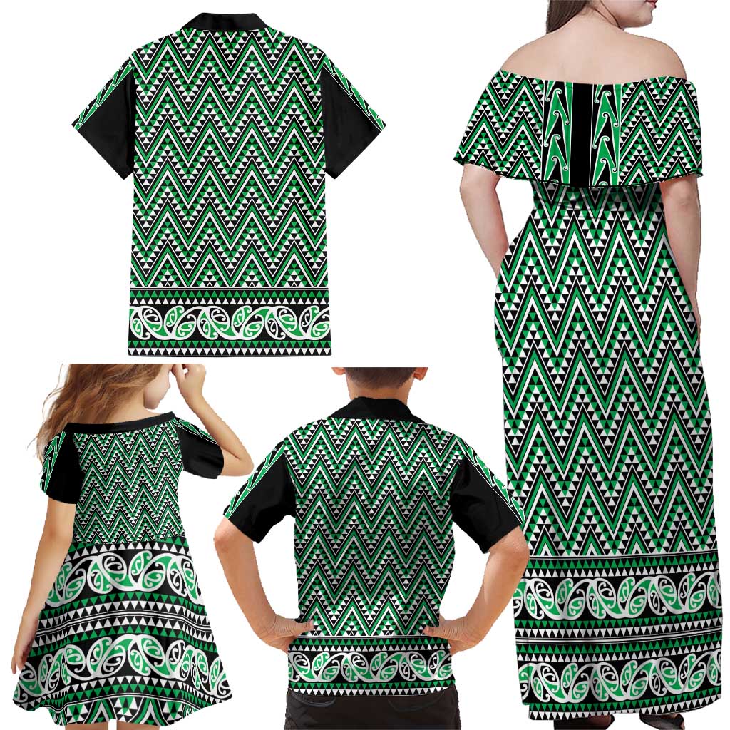 New Zealand Maori Niho Taniwha Family Matching Off Shoulder Maxi Dress and Hawaiian Shirt Kakariki Mangopare and Puhoro Pattern