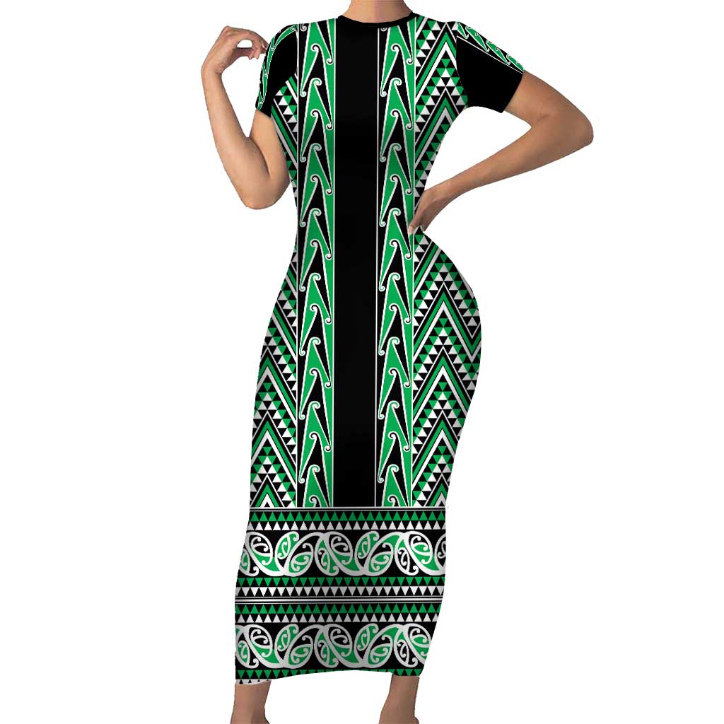New Zealand Maori Niho Taniwha Family Matching Short Sleeve Bodycon Dress and Hawaiian Shirt Kakariki Mangopare and Puhoro Pattern