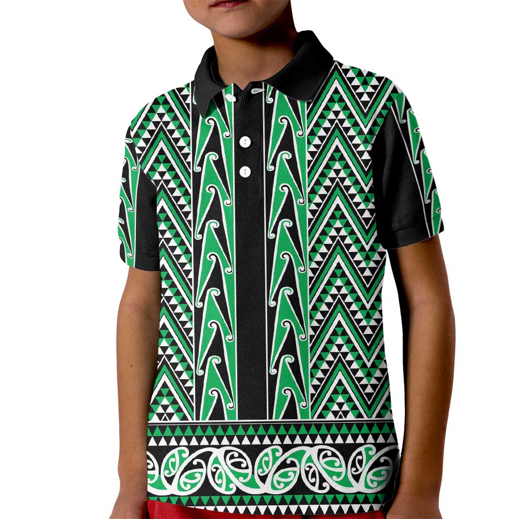 New Zealand Maori Niho Taniwha Kid Polo Shirt Kakariki Mangopare and Puhoro Pattern