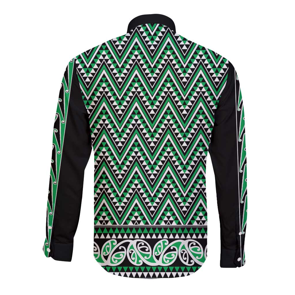 New Zealand Maori Niho Taniwha Long Sleeve Button Shirt Kakariki Mangopare and Puhoro Pattern