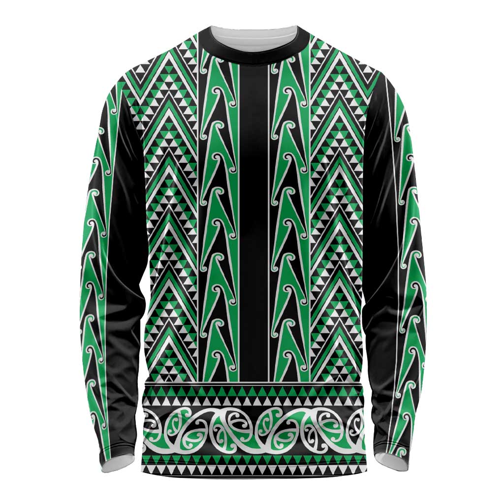 New Zealand Maori Niho Taniwha Long Sleeve Shirt Kakariki Mangopare and Puhoro Pattern