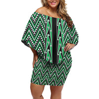 New Zealand Maori Niho Taniwha Off Shoulder Short Dress Kakariki Mangopare and Puhoro Pattern