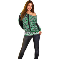 New Zealand Maori Niho Taniwha Off Shoulder Sweater Kakariki Mangopare and Puhoro Pattern