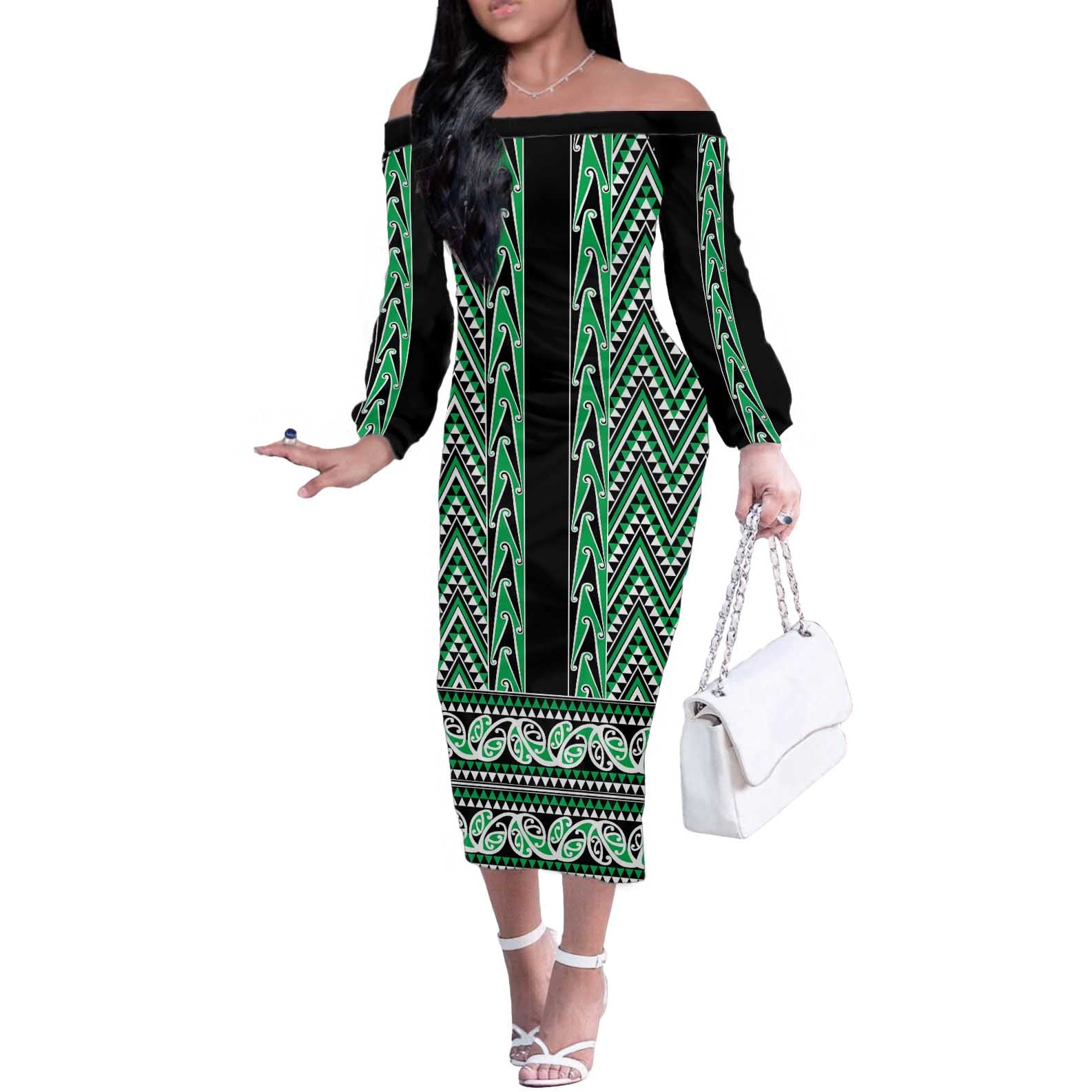 New Zealand Maori Niho Taniwha Off The Shoulder Long Sleeve Dress Kakariki Mangopare and Puhoro Pattern