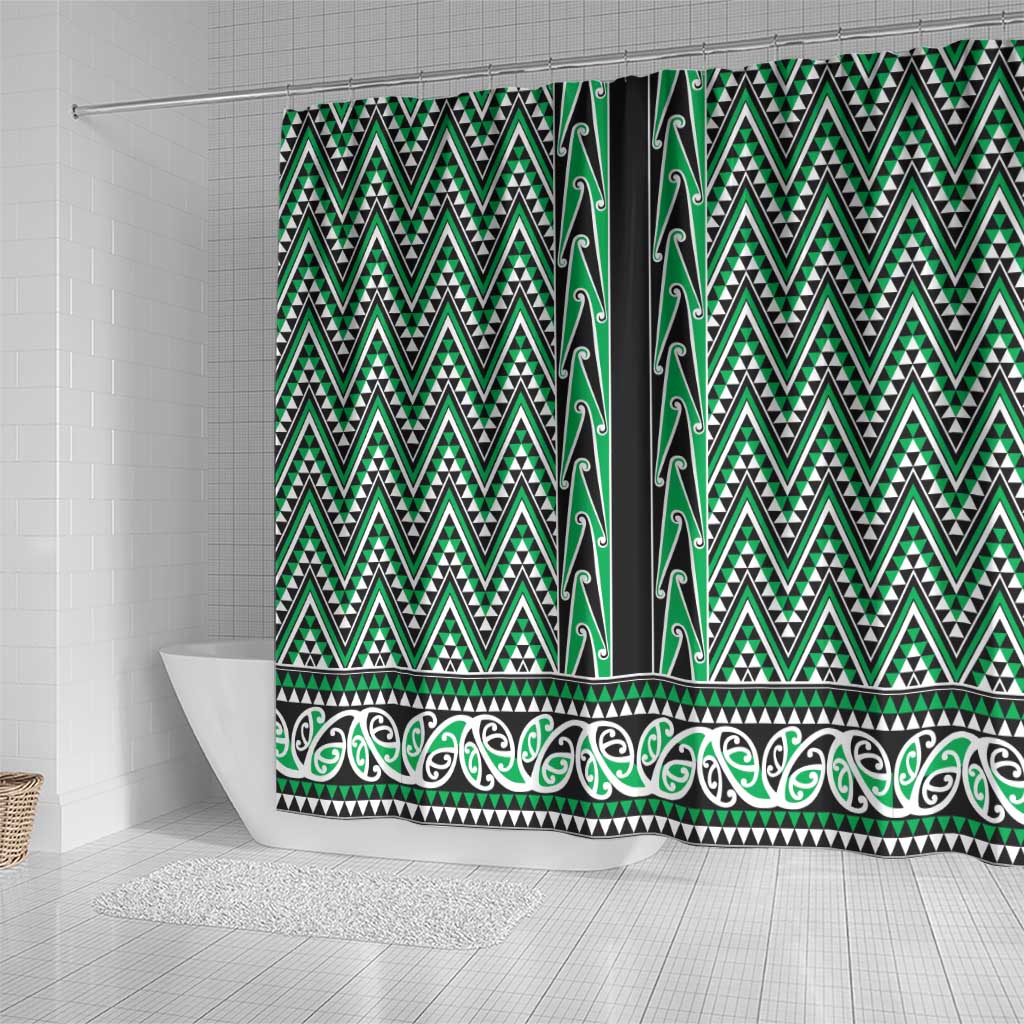 New Zealand Maori Niho Taniwha Shower Curtain Kakariki Mangopare and Puhoro Pattern
