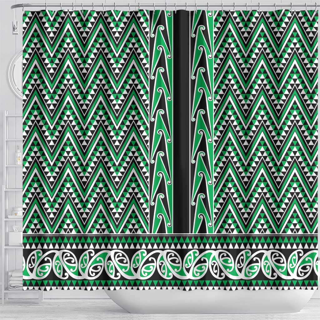 New Zealand Maori Niho Taniwha Shower Curtain Kakariki Mangopare and Puhoro Pattern