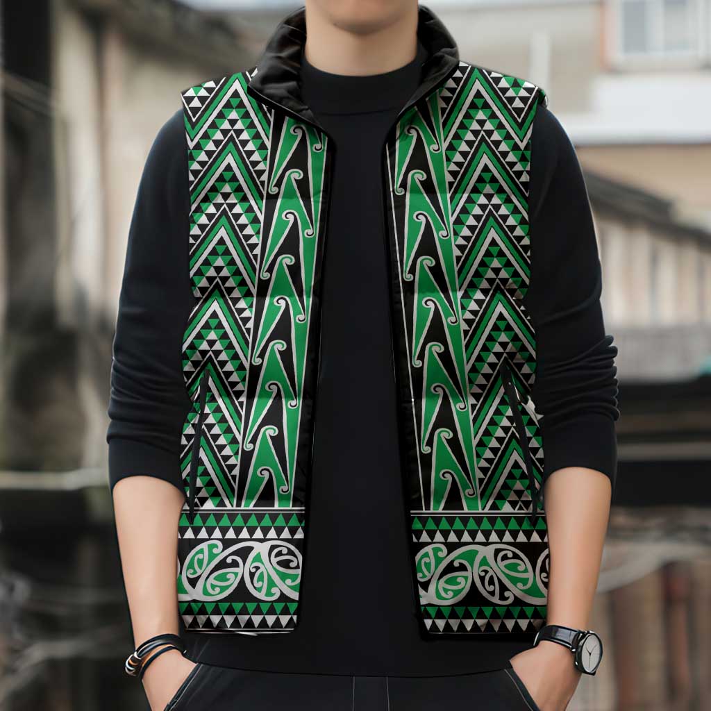 New Zealand Maori Niho Taniwha Sleeveless Puffer Jacket Kakariki Mangopare and Puhoro Pattern - Polynesian Pride