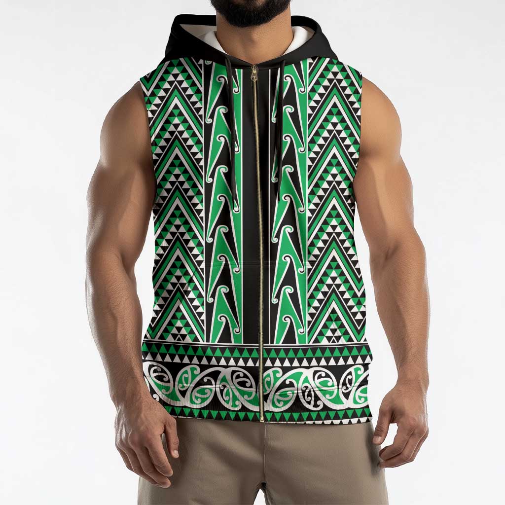 New Zealand Maori Niho Taniwha Sleeveless Zip Hoodie Kakariki Mangopare and Puhoro Pattern - Polynesian Pride