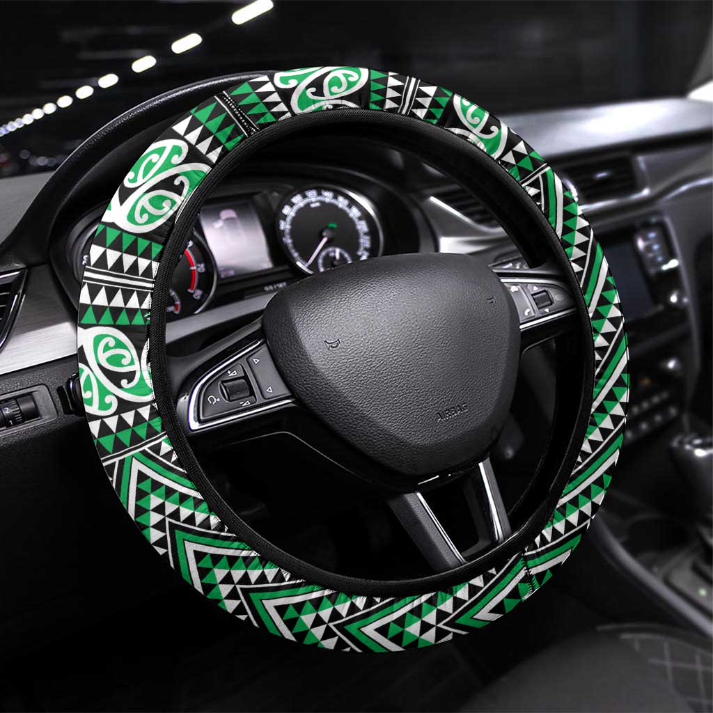 New Zealand Maori Niho Taniwha Steering Wheel Cover Kakariki Mangopare and Puhoro Pattern