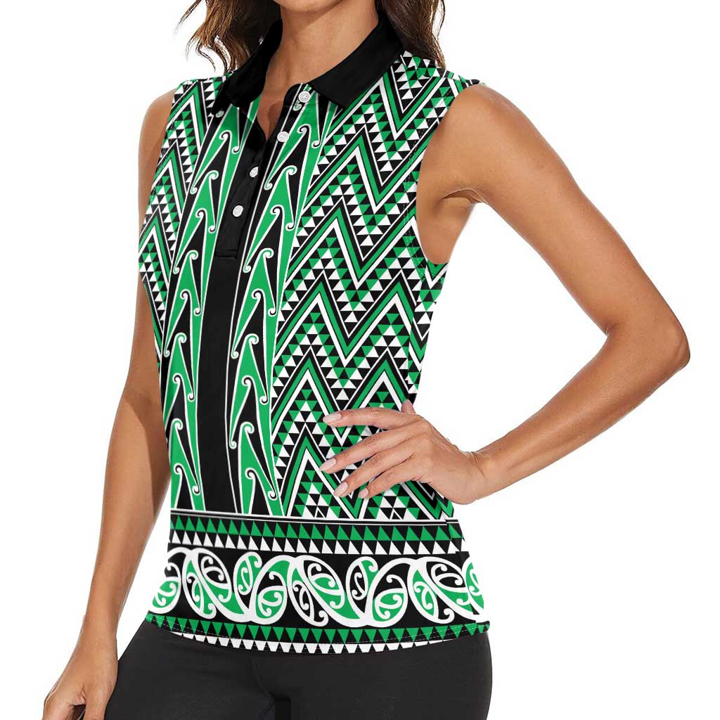 New Zealand Maori Niho Taniwha Women Sleeveless Polo Shirt Kakariki Mangopare and Puhoro Pattern