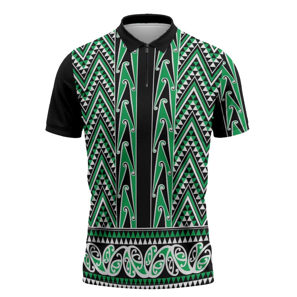 New Zealand Maori Niho Taniwha Zipper Polo Shirt Kakariki Mangopare and Puhoro Pattern - Polynesian Pride