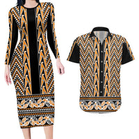 New Zealand Maori Niho Taniwha Couples Matching Long Sleeve Bodycon Dress and Hawaiian Shirt Karaka Mangopare and Puhoro Pattern