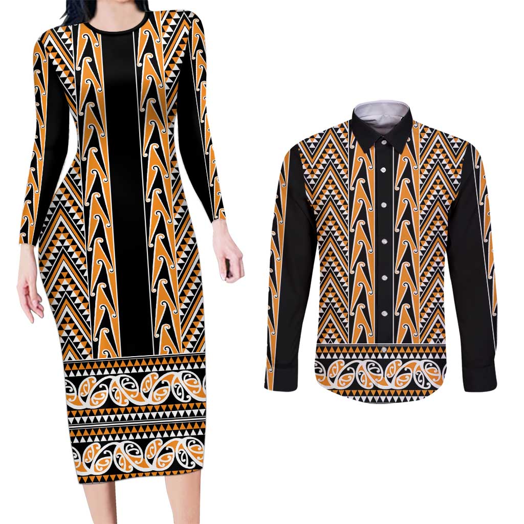 New Zealand Maori Niho Taniwha Couples Matching Long Sleeve Bodycon Dress and Long Sleeve Button Shirt Karaka Mangopare and Puhoro Pattern
