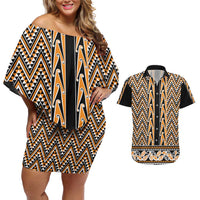 New Zealand Maori Niho Taniwha Couples Matching Off Shoulder Short Dress and Hawaiian Shirt Karaka Mangopare and Puhoro Pattern