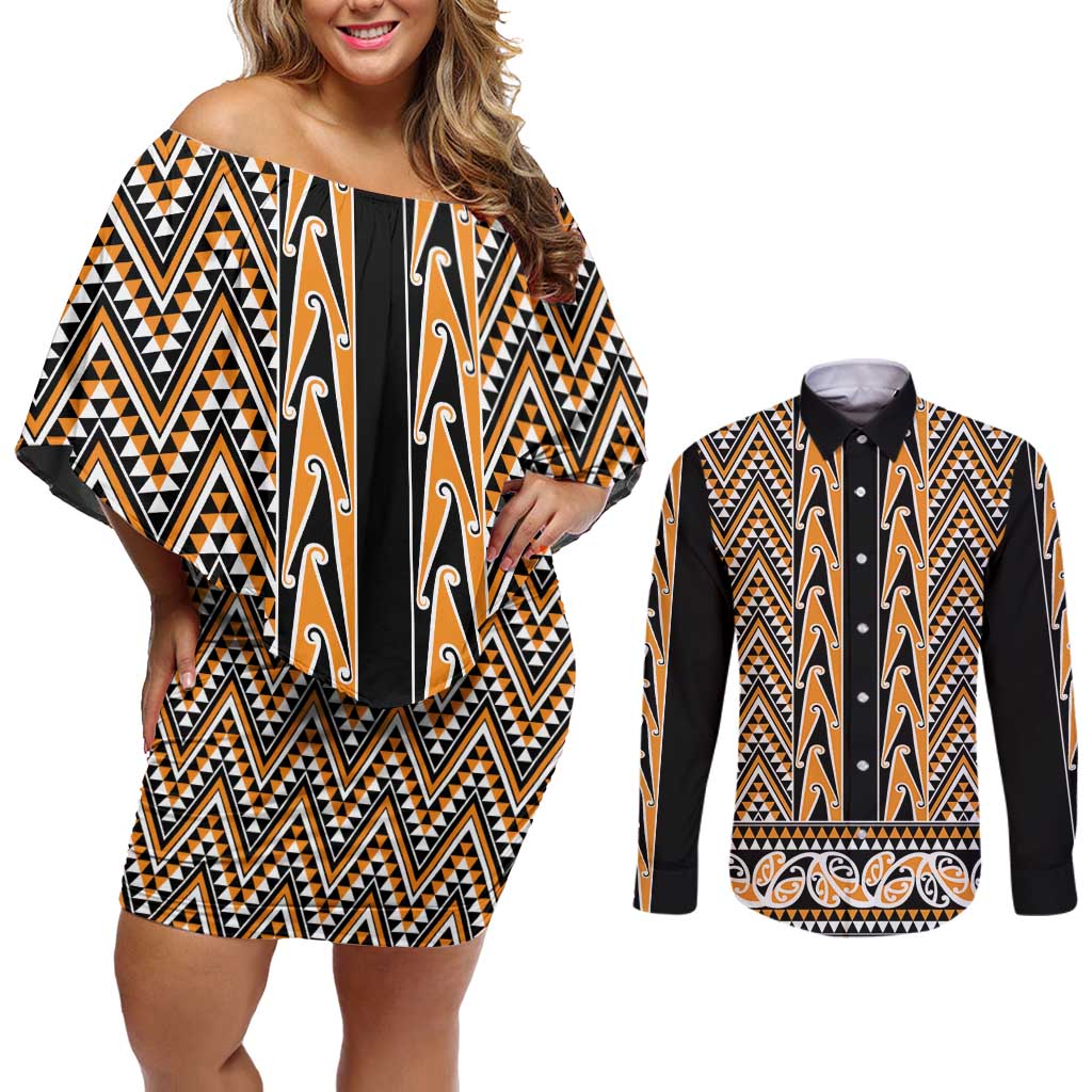 New Zealand Maori Niho Taniwha Couples Matching Off Shoulder Short Dress and Long Sleeve Button Shirt Karaka Mangopare and Puhoro Pattern