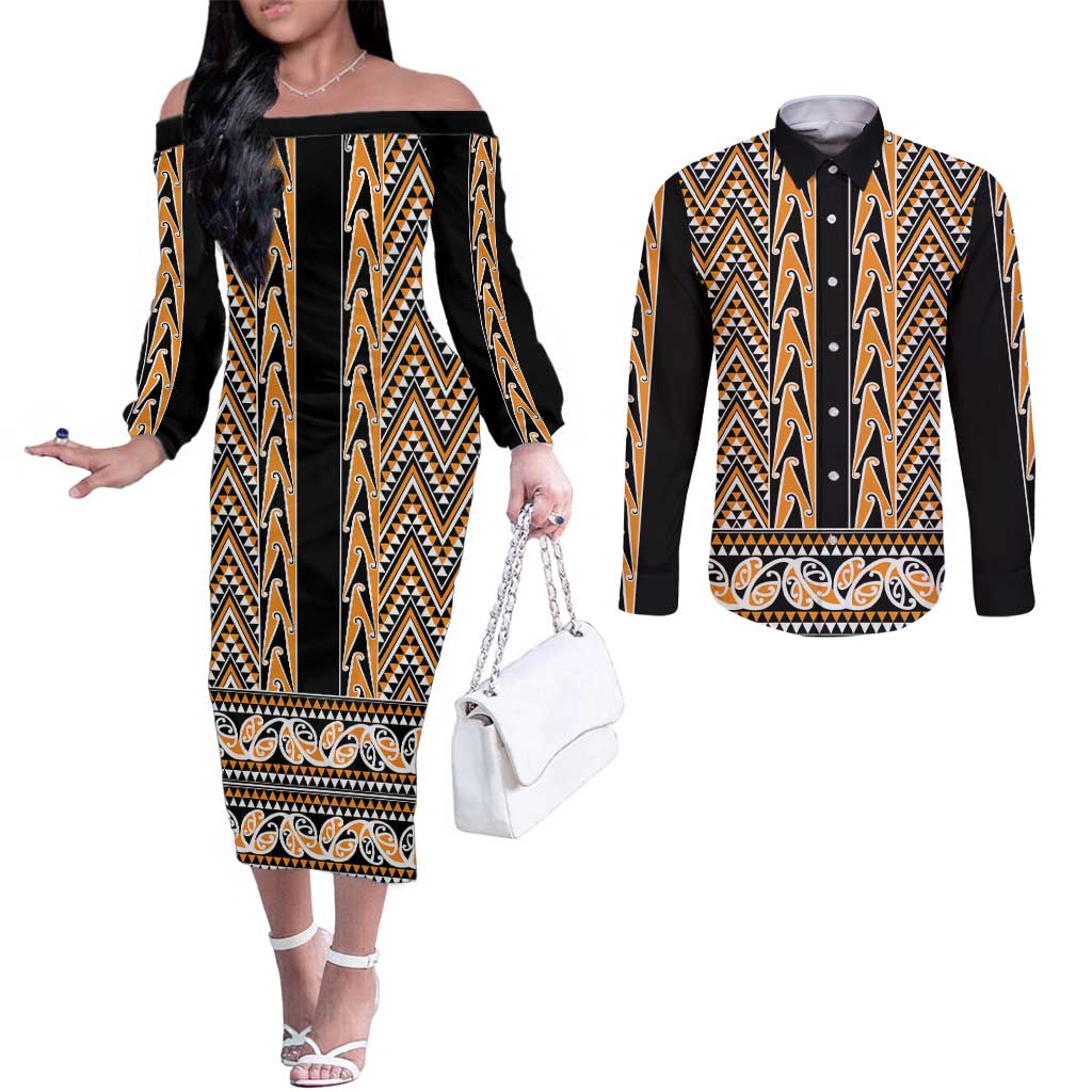 New Zealand Maori Niho Taniwha Couples Matching Off The Shoulder Long Sleeve Dress and Long Sleeve Button Shirt Karaka Mangopare and Puhoro Pattern