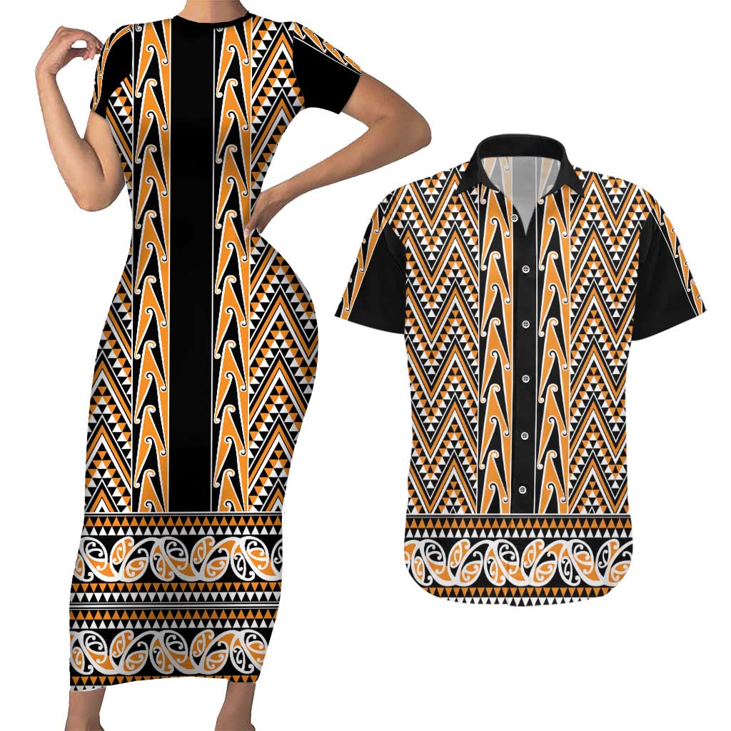 New Zealand Maori Niho Taniwha Couples Matching Short Sleeve Bodycon Dress and Hawaiian Shirt Karaka Mangopare and Puhoro Pattern
