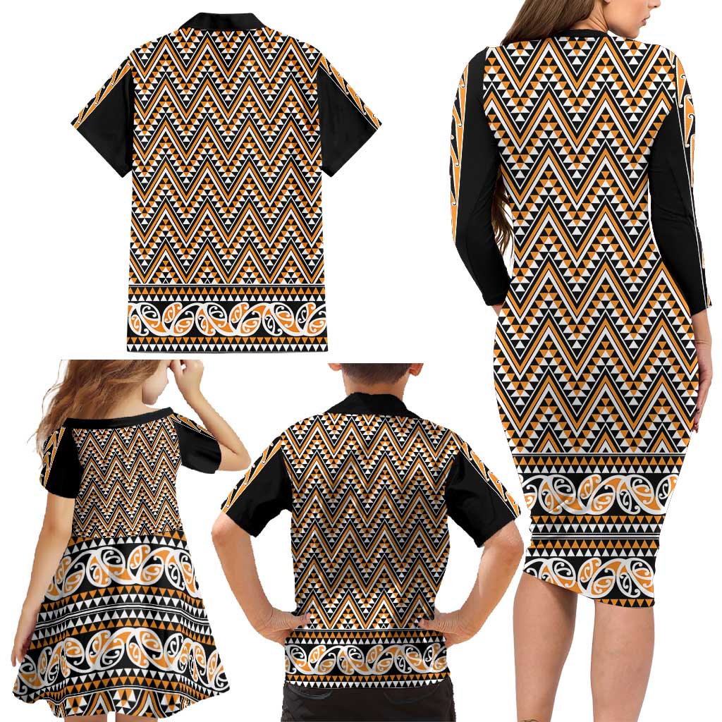 New Zealand Maori Niho Taniwha Family Matching Long Sleeve Bodycon Dress and Hawaiian Shirt Karaka Mangopare and Puhoro Pattern