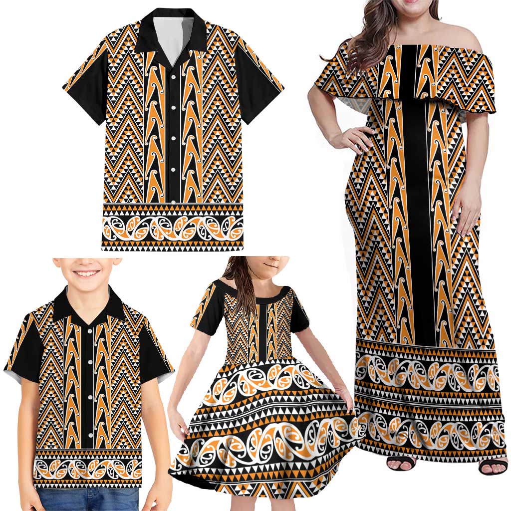 New Zealand Maori Niho Taniwha Family Matching Off Shoulder Maxi Dress and Hawaiian Shirt Karaka Mangopare and Puhoro Pattern