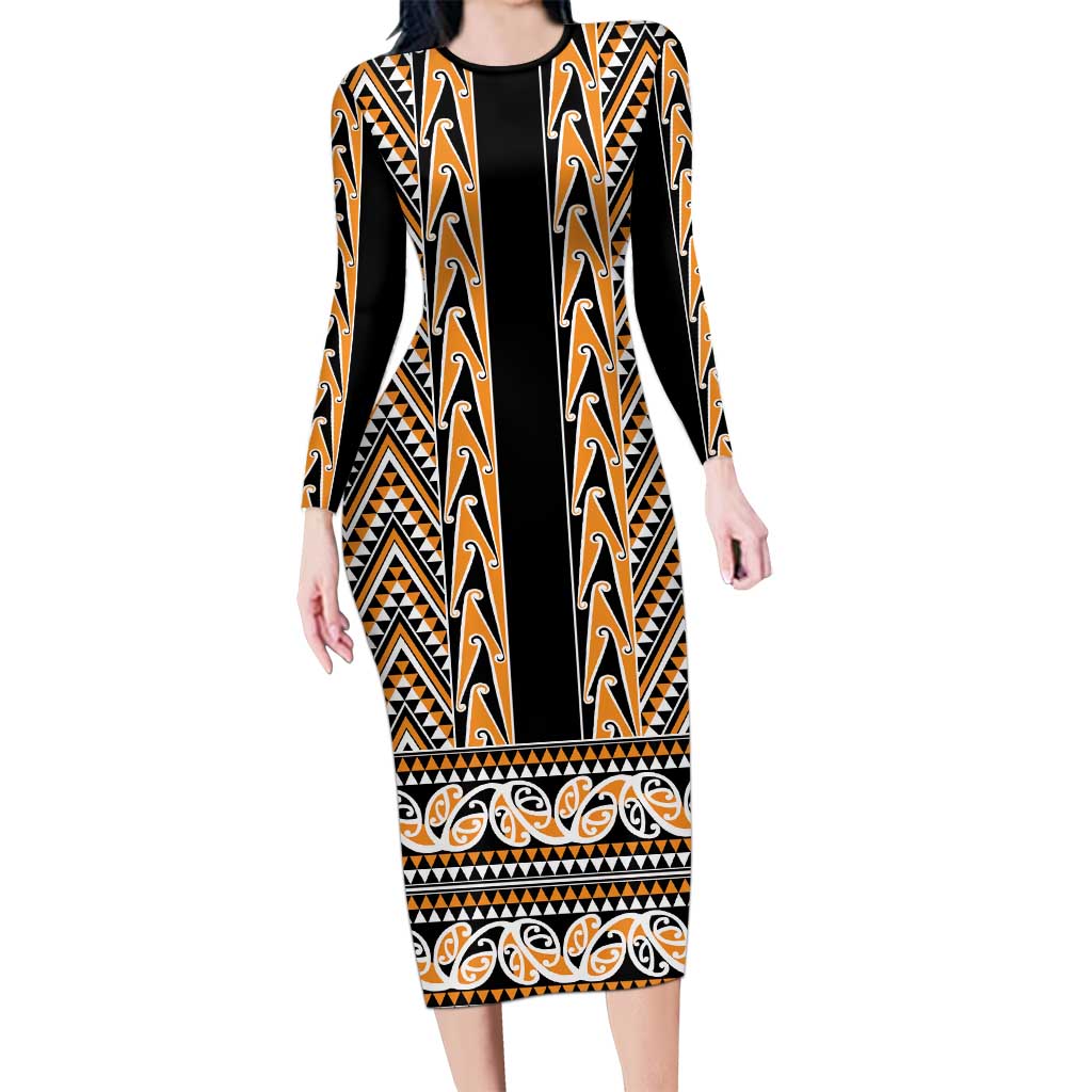 New Zealand Maori Niho Taniwha Long Sleeve Bodycon Dress Karaka Mangopare and Puhoro Pattern
