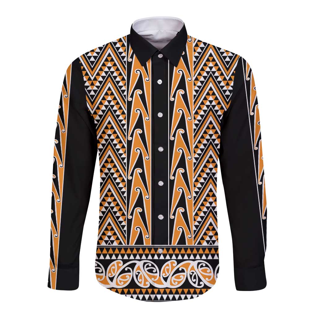 New Zealand Maori Niho Taniwha Long Sleeve Button Shirt Karaka Mangopare and Puhoro Pattern
