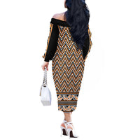 New Zealand Maori Niho Taniwha Off The Shoulder Long Sleeve Dress Karaka Mangopare and Puhoro Pattern