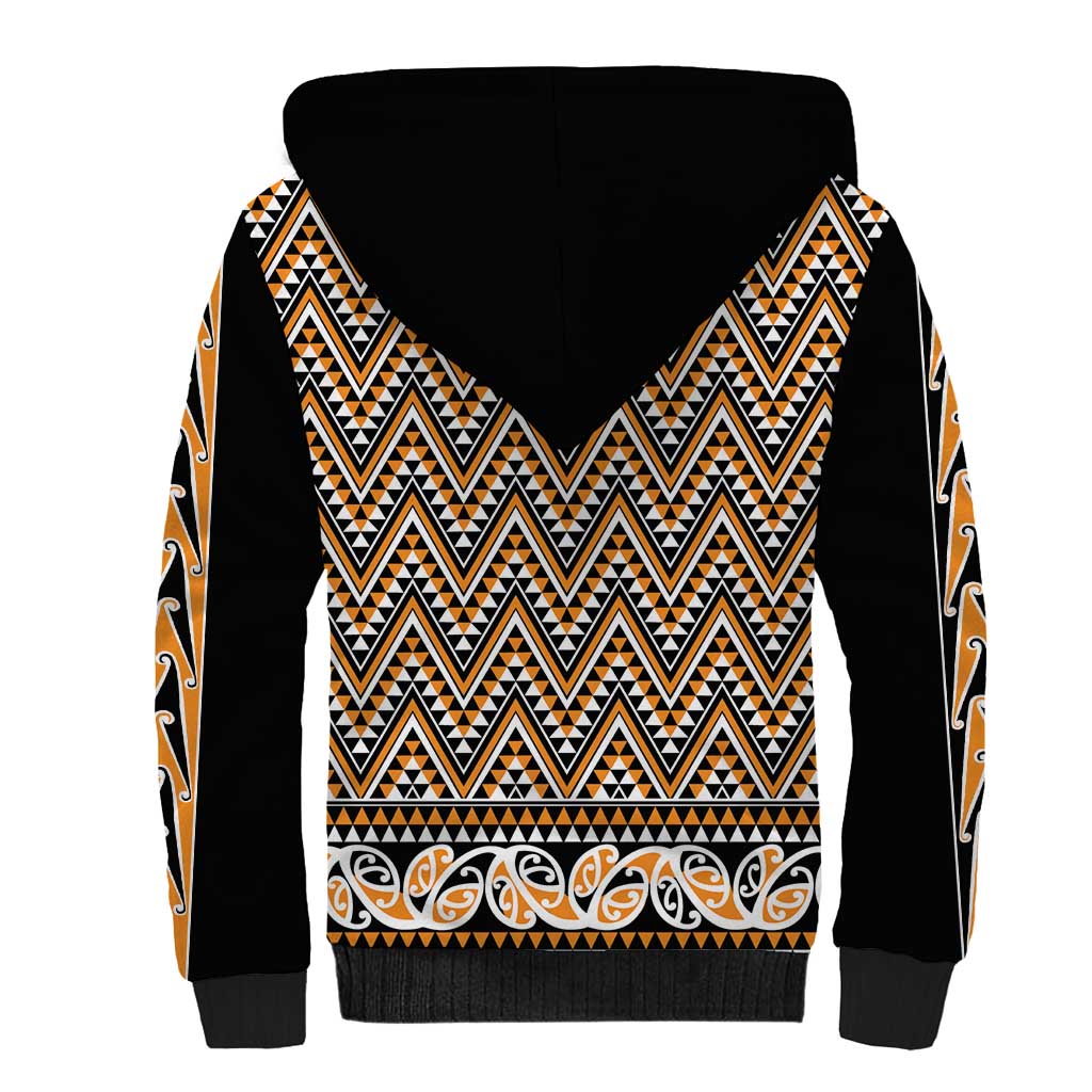 New Zealand Maori Niho Taniwha Sherpa Hoodie Karaka Mangopare and Puhoro Pattern