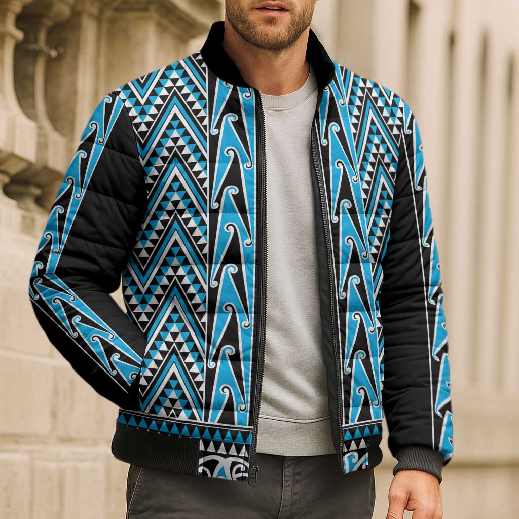 New Zealand Maori Niho Taniwha Bomber Puffer Jacket Kikorangi Mangopare and Puhoro Pattern - Polynesian Pride