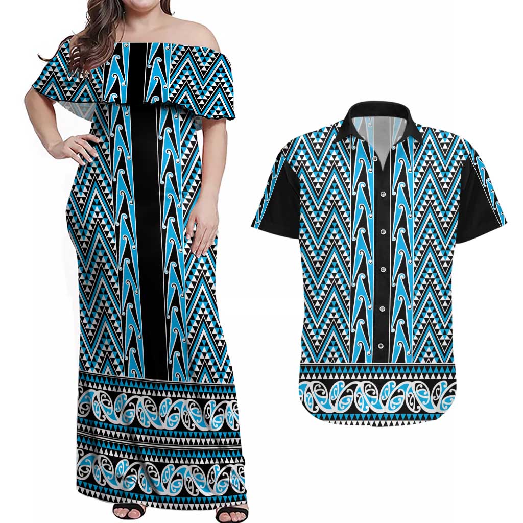 New Zealand Maori Niho Taniwha Couples Matching Off Shoulder Maxi Dress and Hawaiian Shirt Kikorangi Mangopare and Puhoro Pattern