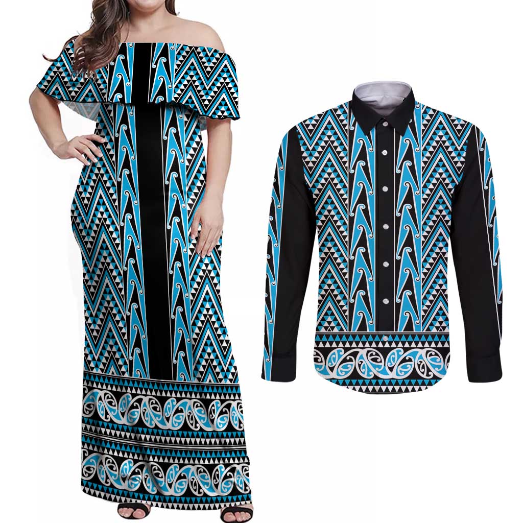 New Zealand Maori Niho Taniwha Couples Matching Off Shoulder Maxi Dress and Long Sleeve Button Shirt Kikorangi Mangopare and Puhoro Pattern