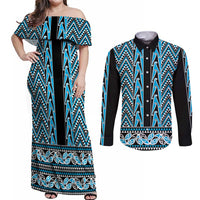 New Zealand Maori Niho Taniwha Couples Matching Off Shoulder Maxi Dress and Long Sleeve Button Shirt Kikorangi Mangopare and Puhoro Pattern