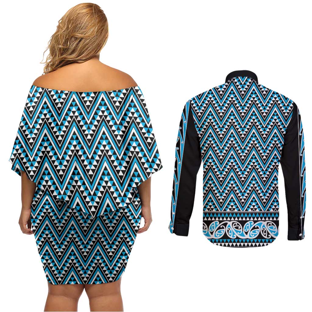 New Zealand Maori Niho Taniwha Couples Matching Off Shoulder Short Dress and Long Sleeve Button Shirt Kikorangi Mangopare and Puhoro Pattern