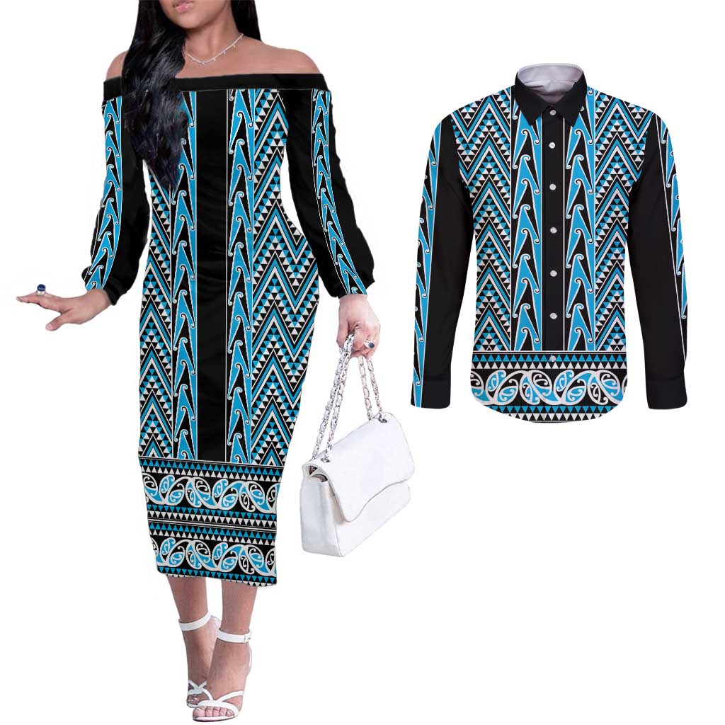 New Zealand Maori Niho Taniwha Couples Matching Off The Shoulder Long Sleeve Dress and Long Sleeve Button Shirt Kikorangi Mangopare and Puhoro Pattern