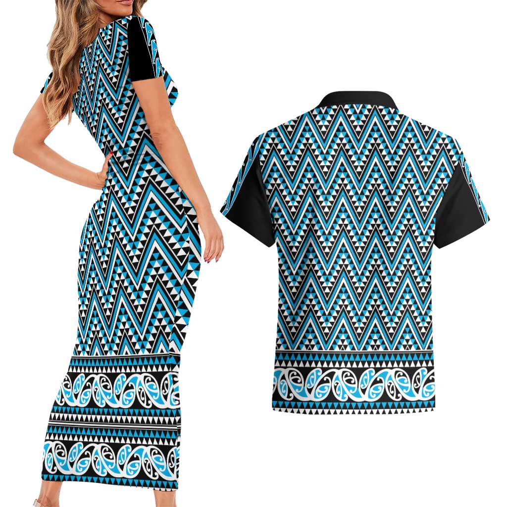 New Zealand Maori Niho Taniwha Couples Matching Short Sleeve Bodycon Dress and Hawaiian Shirt Kikorangi Mangopare and Puhoro Pattern