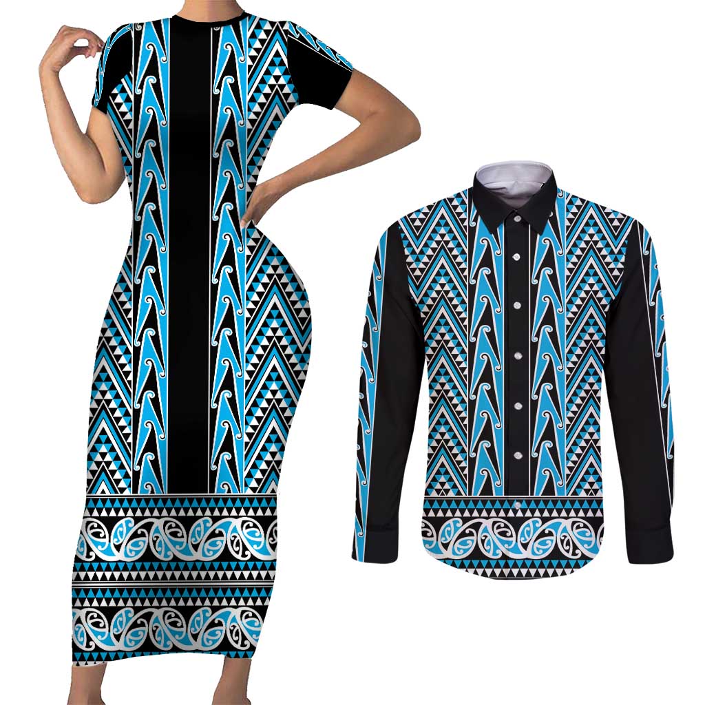 New Zealand Maori Niho Taniwha Couples Matching Short Sleeve Bodycon Dress and Long Sleeve Button Shirt Kikorangi Mangopare and Puhoro Pattern