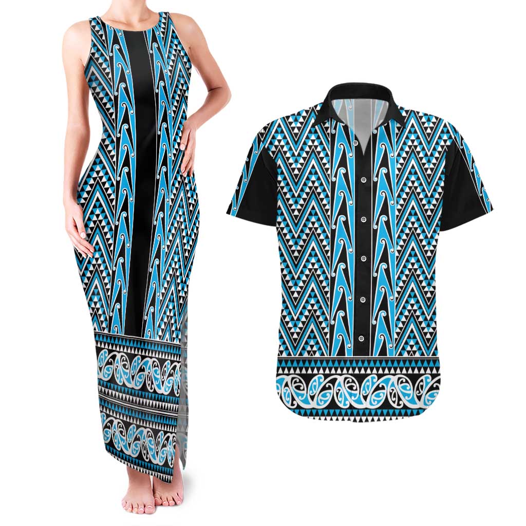 New Zealand Maori Niho Taniwha Couples Matching Tank Maxi Dress and Hawaiian Shirt Kikorangi Mangopare and Puhoro Pattern