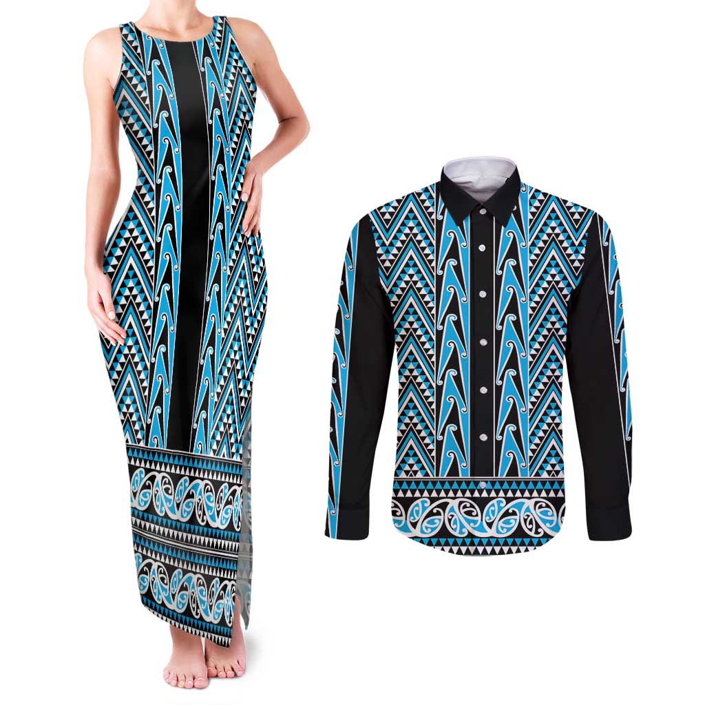 New Zealand Maori Niho Taniwha Couples Matching Tank Maxi Dress and Long Sleeve Button Shirt Kikorangi Mangopare and Puhoro Pattern