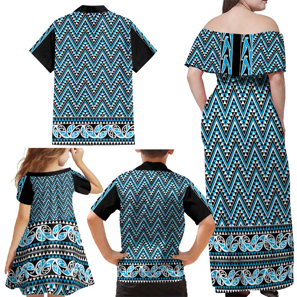 New Zealand Maori Niho Taniwha Family Matching Off Shoulder Maxi Dress and Hawaiian Shirt Kikorangi Mangopare and Puhoro Pattern